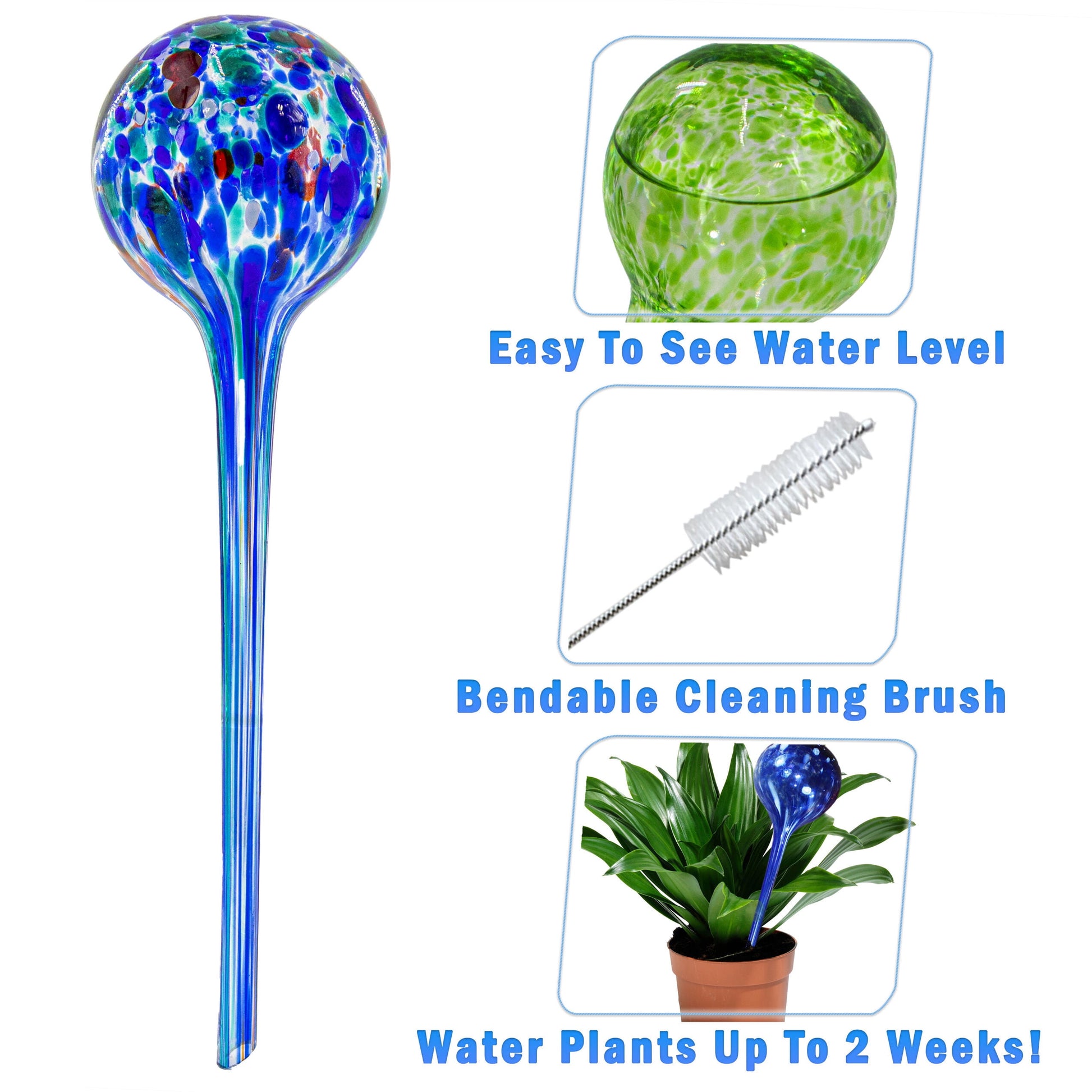 Large Aqua Glass Plant Watering Globes - Automatic Self Watering System Insert Spikes - Indoor/Outdoor Plant Drip Irrigation - 20Z 4Pc Set - Multicolor