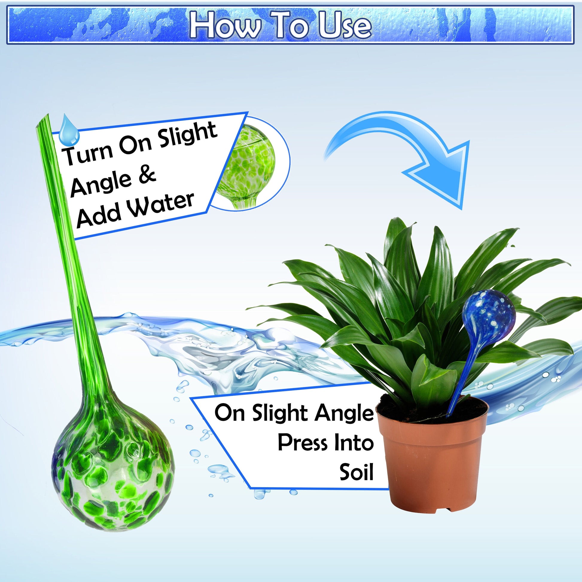 Large Aqua Glass Plant Watering Globes - Automatic Self Watering System Insert Spikes - Indoor/Outdoor Plant Drip Irrigation - 20Z 4Pc Set - Multicolor