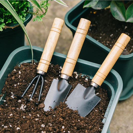 3pcs Mini Portable Gardening Tool Metal Head Shovel Rake Spade Plant Garden Soil Raising Flowers Wooden Handle Tool Set Garden