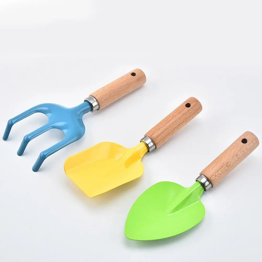 1/ 3PCS Little Gardener Kids Gardening Tools Set Sturdy Wooden Handle Safe Small Shovel Rake Kit Candy Color Loosen Soil