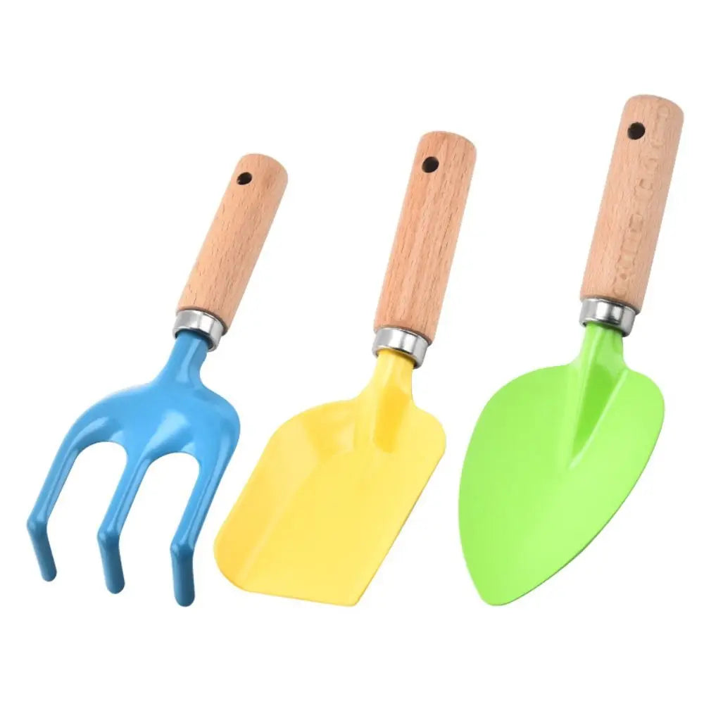 1/ 3PCS Little Gardener Kids Gardening Tools Set Sturdy Wooden Handle Safe Small Shovel Rake Kit Candy Color Loosen Soil