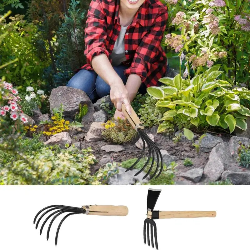 Multifunctional Anti-bending Hoe And Cultivation With Wooden Handle Heavy Duty Rake Tool for Gardening Weeding & Tilling Soil