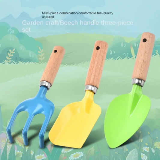 1/ 3PCS Little Gardener Kids Gardening Tools Set Sturdy Wooden Handle Safe Small Shovel Rake Kit Candy Color Loosen Soil