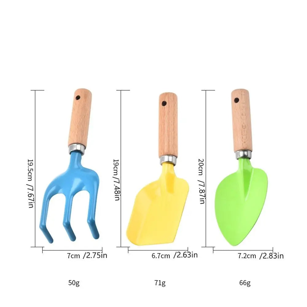 1/ 3PCS Little Gardener Kids Gardening Tools Set Sturdy Wooden Handle Safe Small Shovel Rake Kit Candy Color Loosen Soil