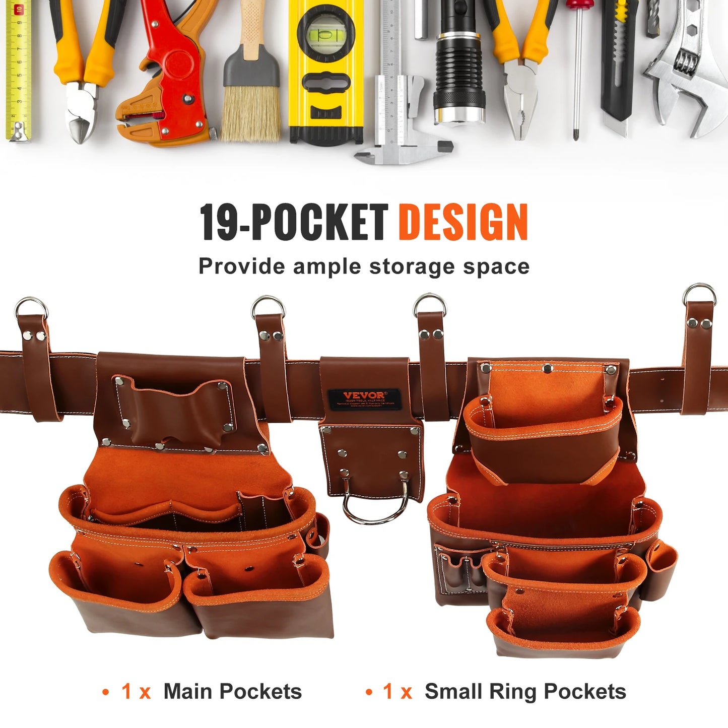 VEVOR 19 Pockets Tool Belt with Suspenders 29-54in Adjustable Leather Tool Waist Pouch for Carpenters Electricians Gardening