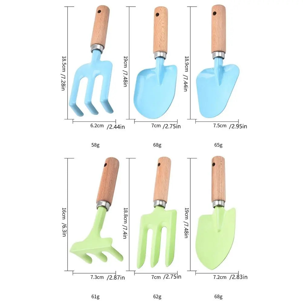 1/ 3PCS Little Gardener Kids Gardening Tools Set Sturdy Wooden Handle Safe Small Shovel Rake Kit Candy Color Loosen Soil