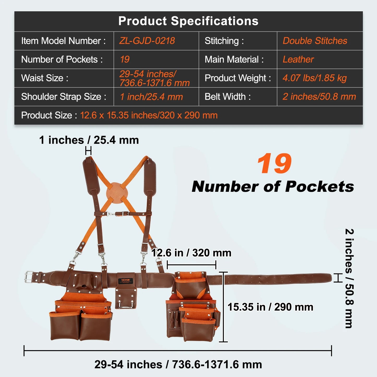 VEVOR 19 Pockets Tool Belt with Suspenders 29-54in Adjustable Leather Tool Waist Pouch for Carpenters Electricians Gardening