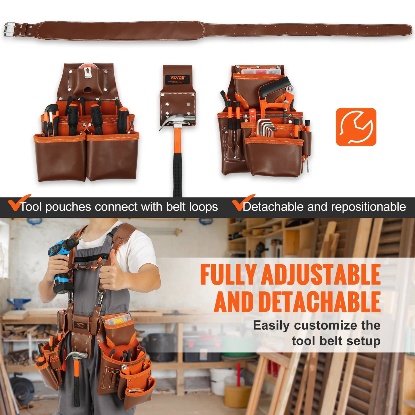 VEVOR 19 Pockets Tool Belt with Suspenders 29-54in Adjustable Leather Tool Waist Pouch for Carpenters Electricians Gardening