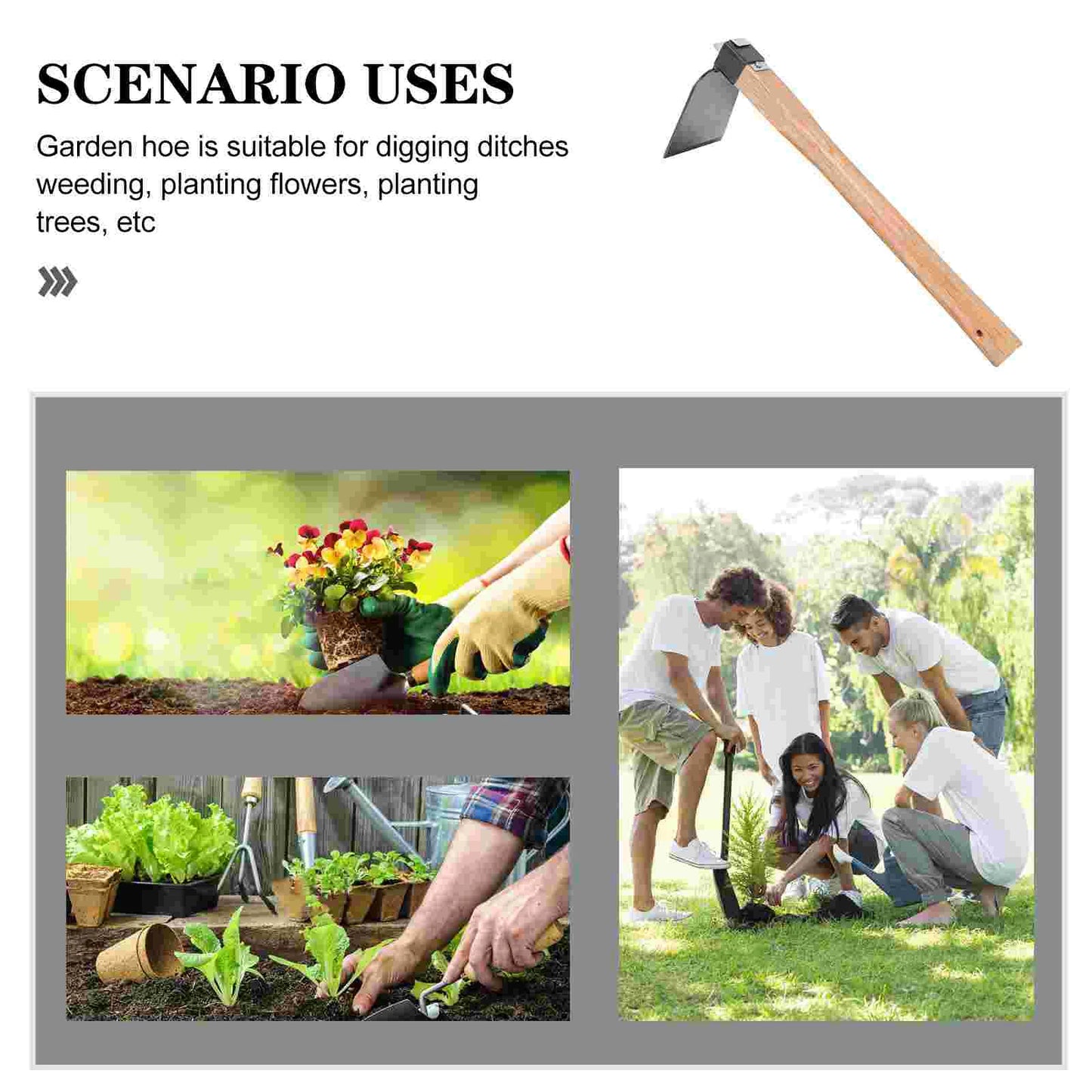 Iron Head Gardening Cultivator Manual Wooden Handle Agriculture Hoe Vegetable Farming Tool Weeding Hoe