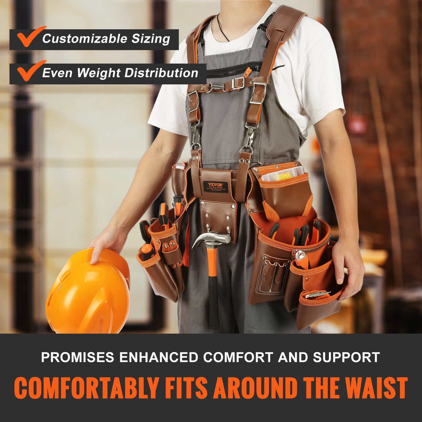 VEVOR 19 Pockets Tool Belt with Suspenders 29-54in Adjustable Leather Tool Waist Pouch for Carpenters Electricians Gardening