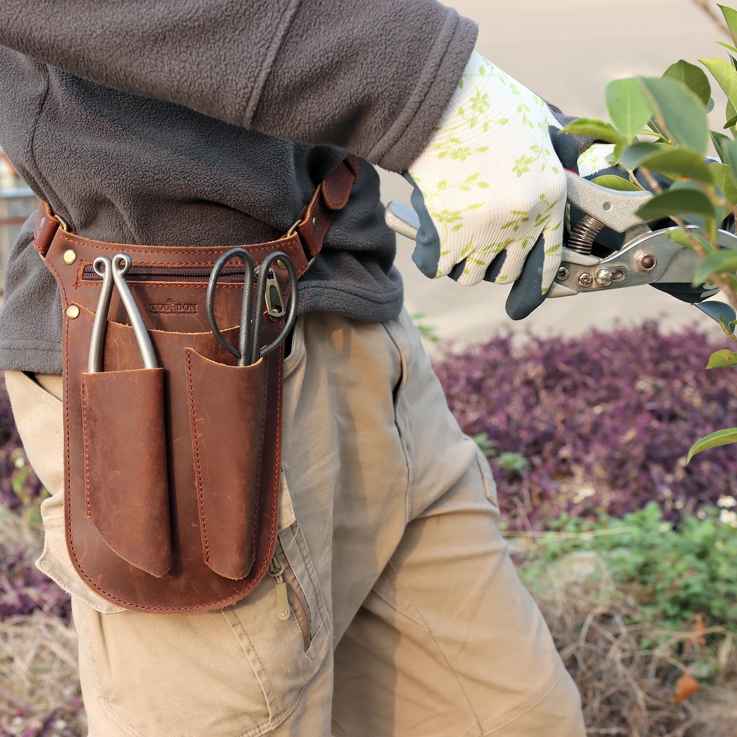 Tourbon Leather Gardener Carry Pouch Florists Tool Belt Bag Gardener Holster Carpenter Holster 4 Pockets Adjustable Brown