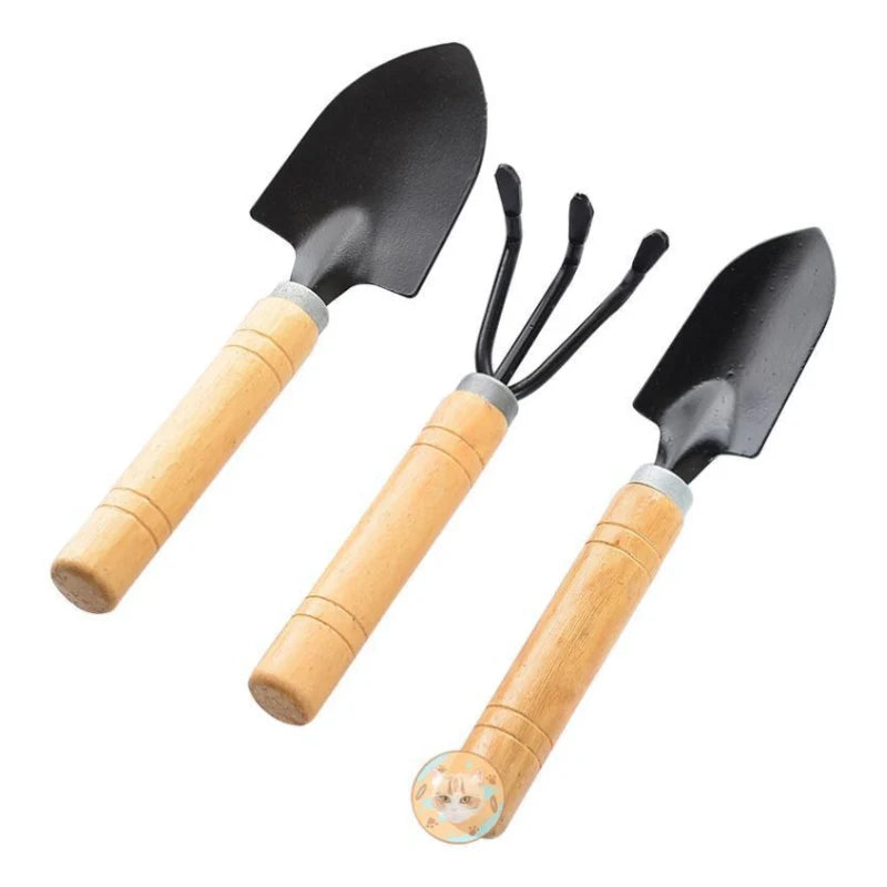 3pcs Mini Portable Gardening Tool Metal Head Shovel Rake Spade Plant Garden Soil Raising Flowers Wooden Handle Tool Set Garden