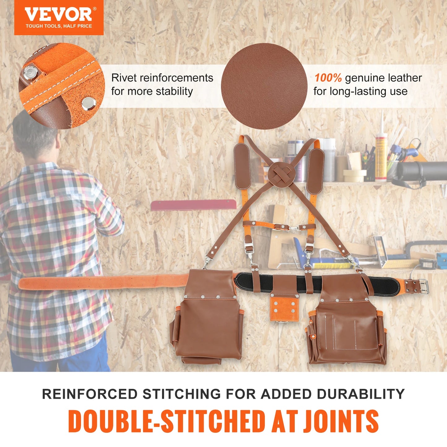 VEVOR 19 Pockets Tool Belt with Suspenders 29-54in Adjustable Leather Tool Waist Pouch for Carpenters Electricians Gardening