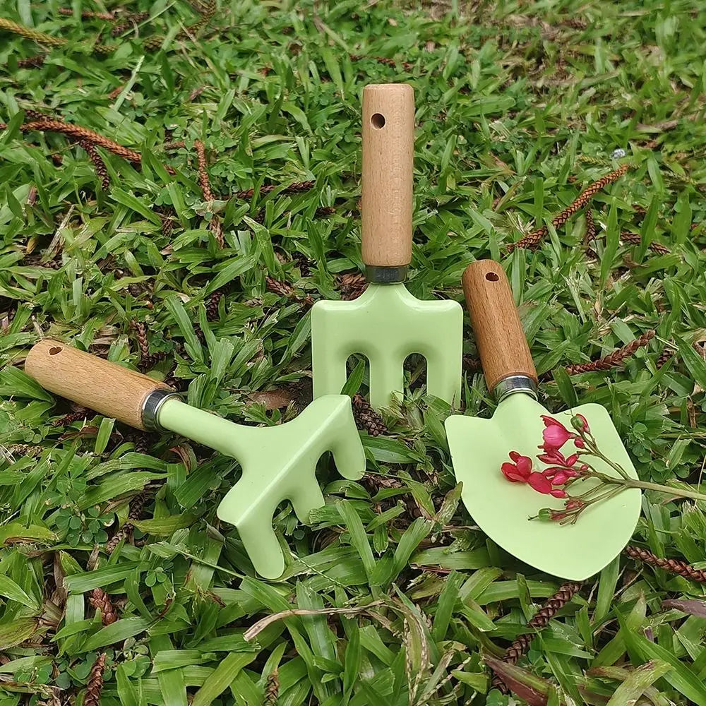 1/ 3PCS Little Gardener Kids Gardening Tools Set Sturdy Wooden Handle Safe Small Shovel Rake Kit Candy Color Loosen Soil